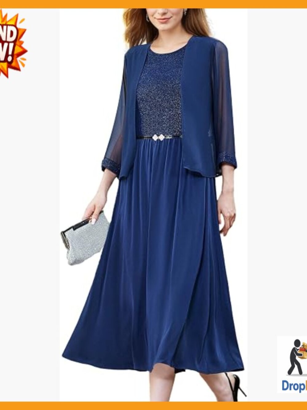 Two Piece Sequin Dress Set with Chiffon Jacket Tea Length A-Line Formal
